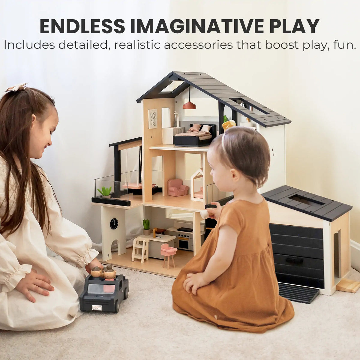 Tiny Land® Sweetwood Edge Black Dollhouse, Garage & Dolls Bundle