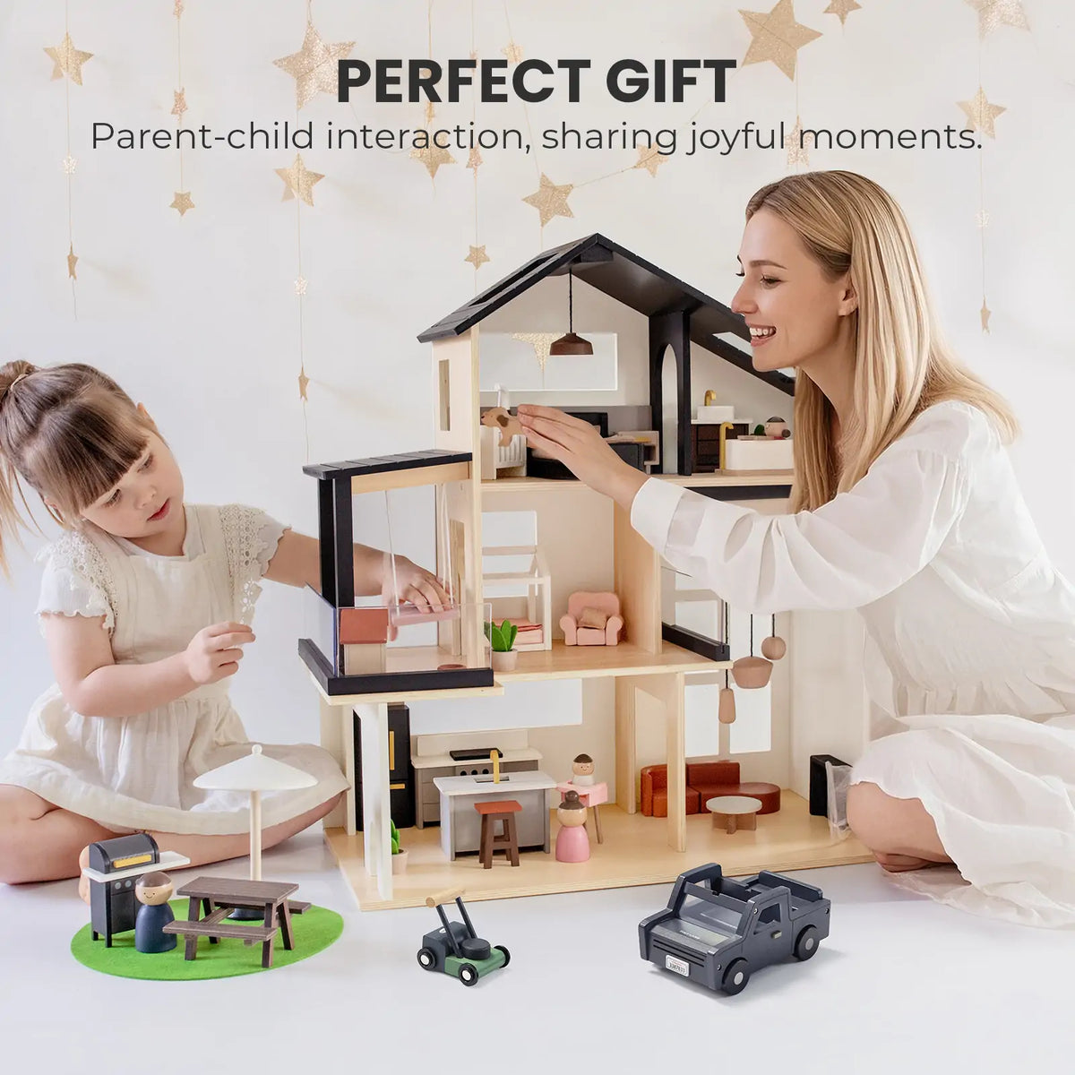 Tiny Land® Sweetwood Edge Black Dollhouse, Garage & Dolls Bundle