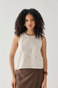 The Embroidered Button Back Top in Checkered Linen