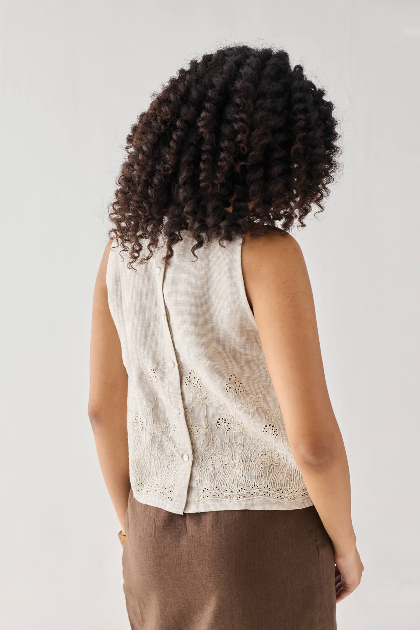 The Embroidered Button Back Top in Checkered Linen