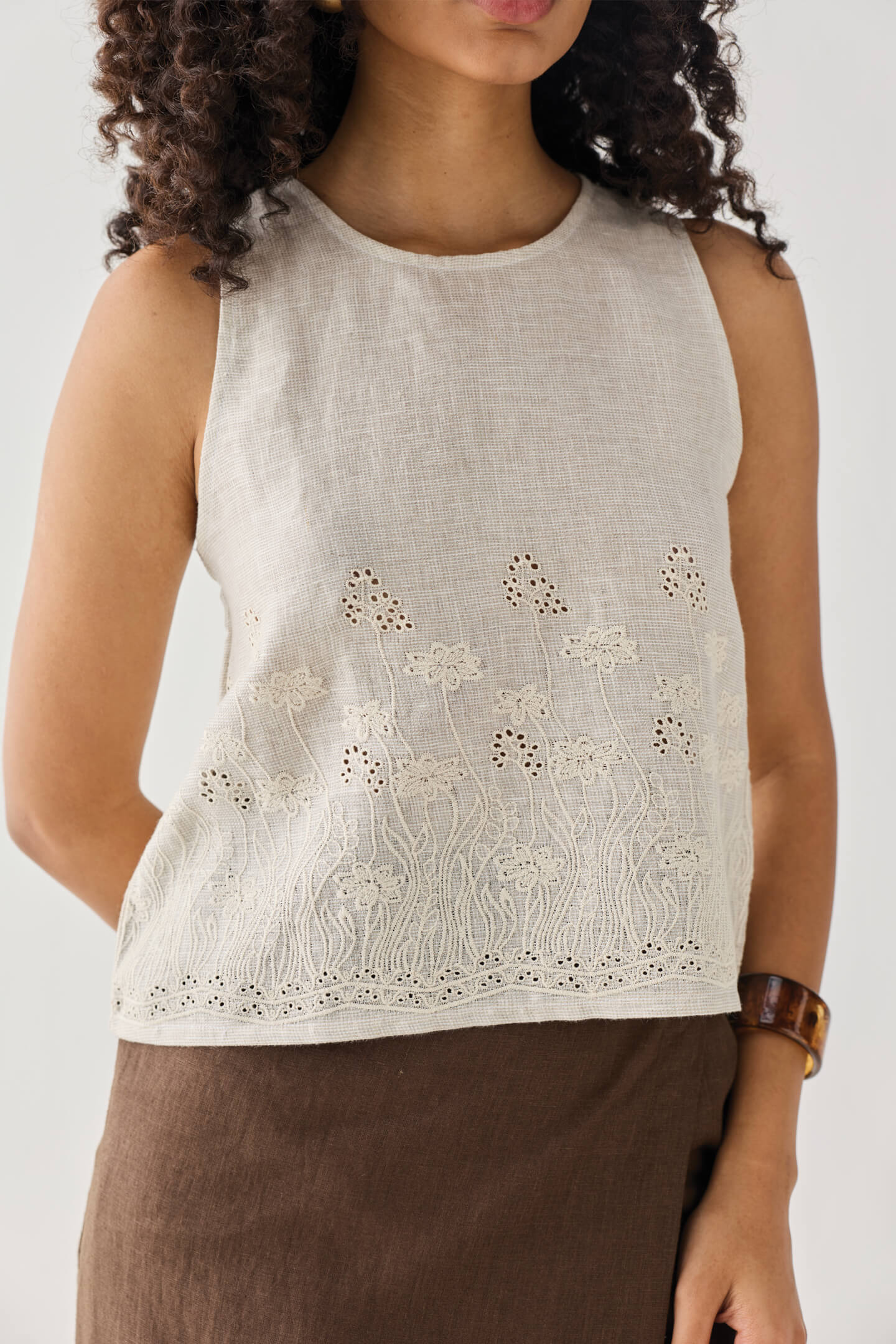 The Embroidered Button Back Top in Checkered Linen