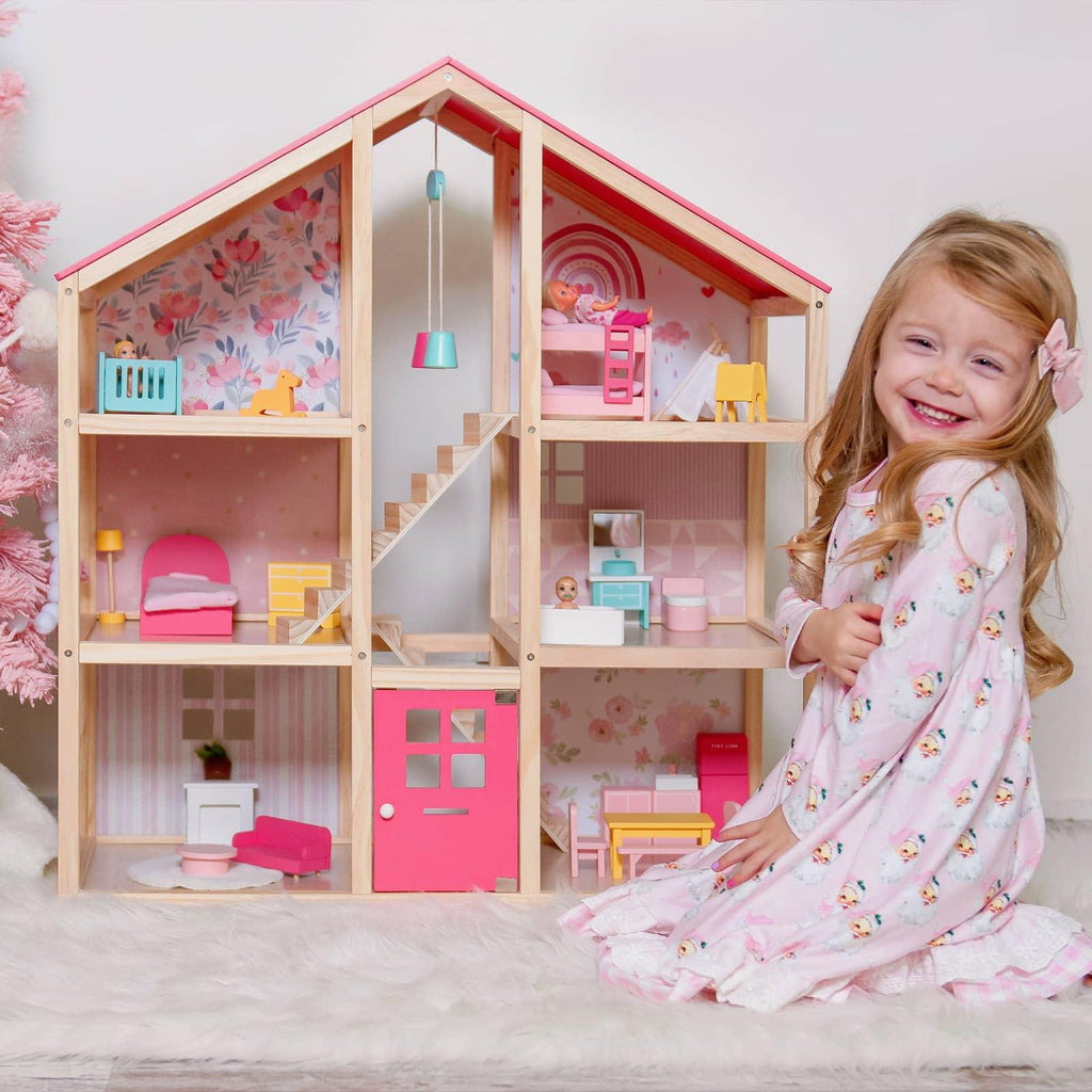 Tiny Land® Sweetwood Wooden Dollhouse with 30 Furniture Pieces