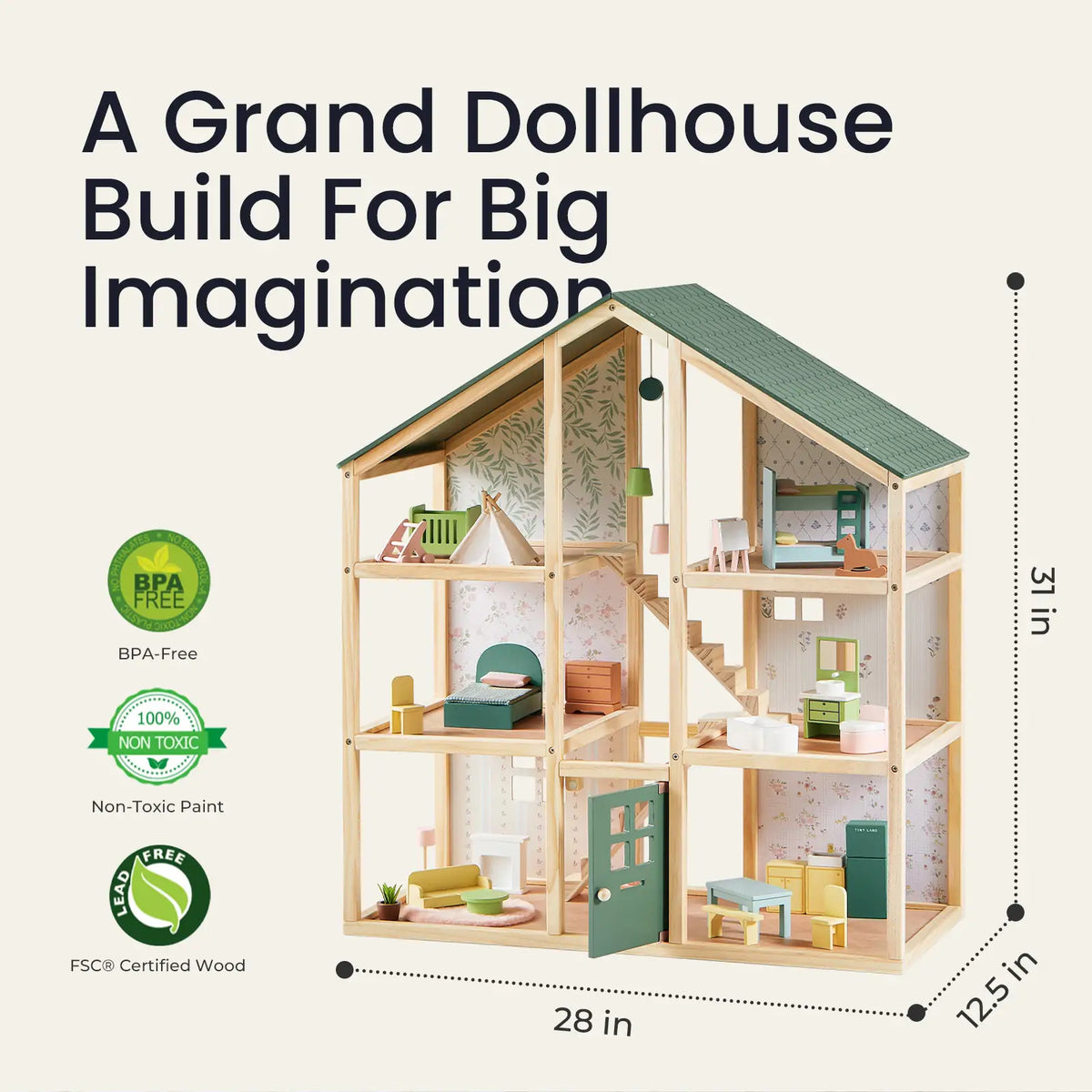 Tiny Land® Sweetwood Wooden Dollhouse with 30 Furniture Pieces