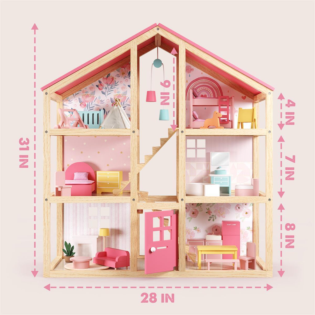Tiny Land® Sweetwood Wooden Dollhouse with 30 Furniture Pieces