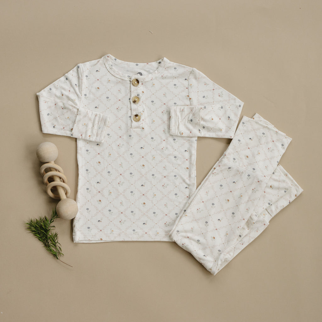 Vintage Blooms 2-Piece Henley Bamboo Pajamas | Soft Floral Kids PJ Set | Little Joy Co.