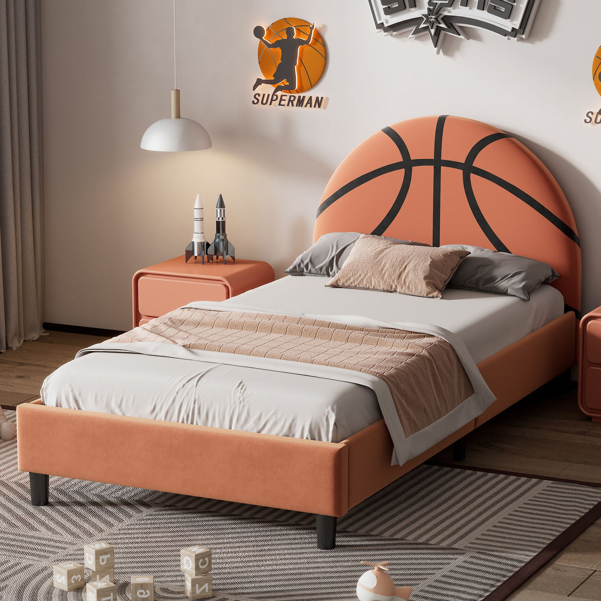 Basketball Upholstered Twin Platform Bed | Orange