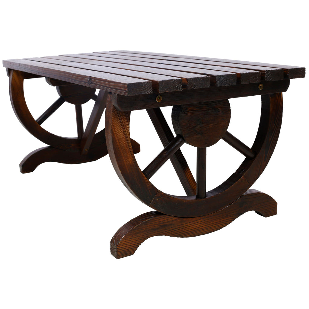 Rustic Wooden Bench With Wagon Wheel Legs For Garden And Patio - Brown