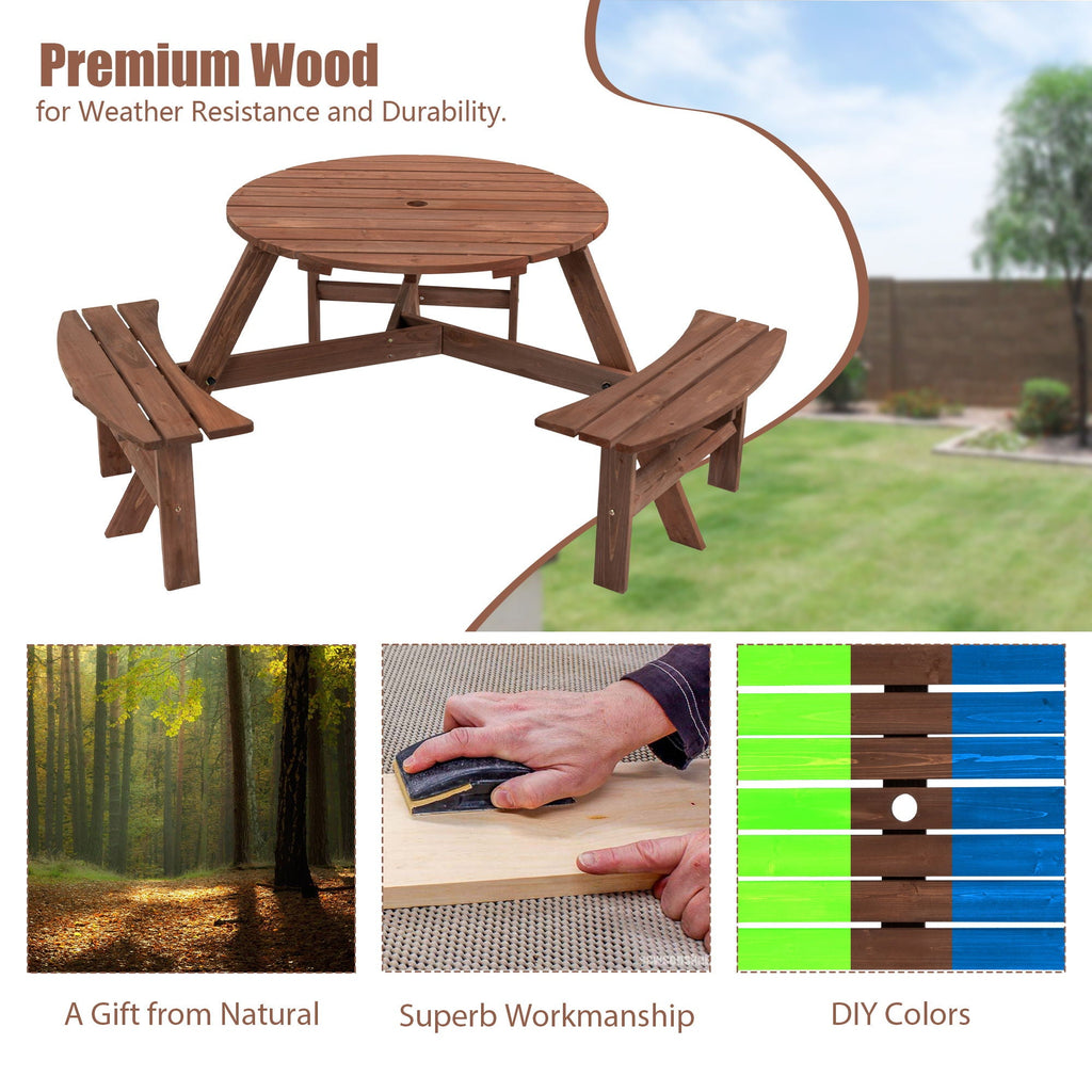 Round Fir Wood Picnic Table with Three Benches | Seats 6