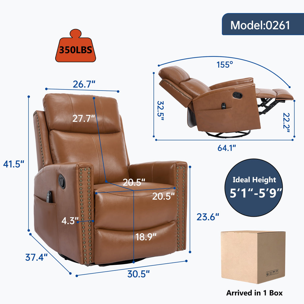 Genuine Leather Swivel Massage Recliner with Lumbar Heat