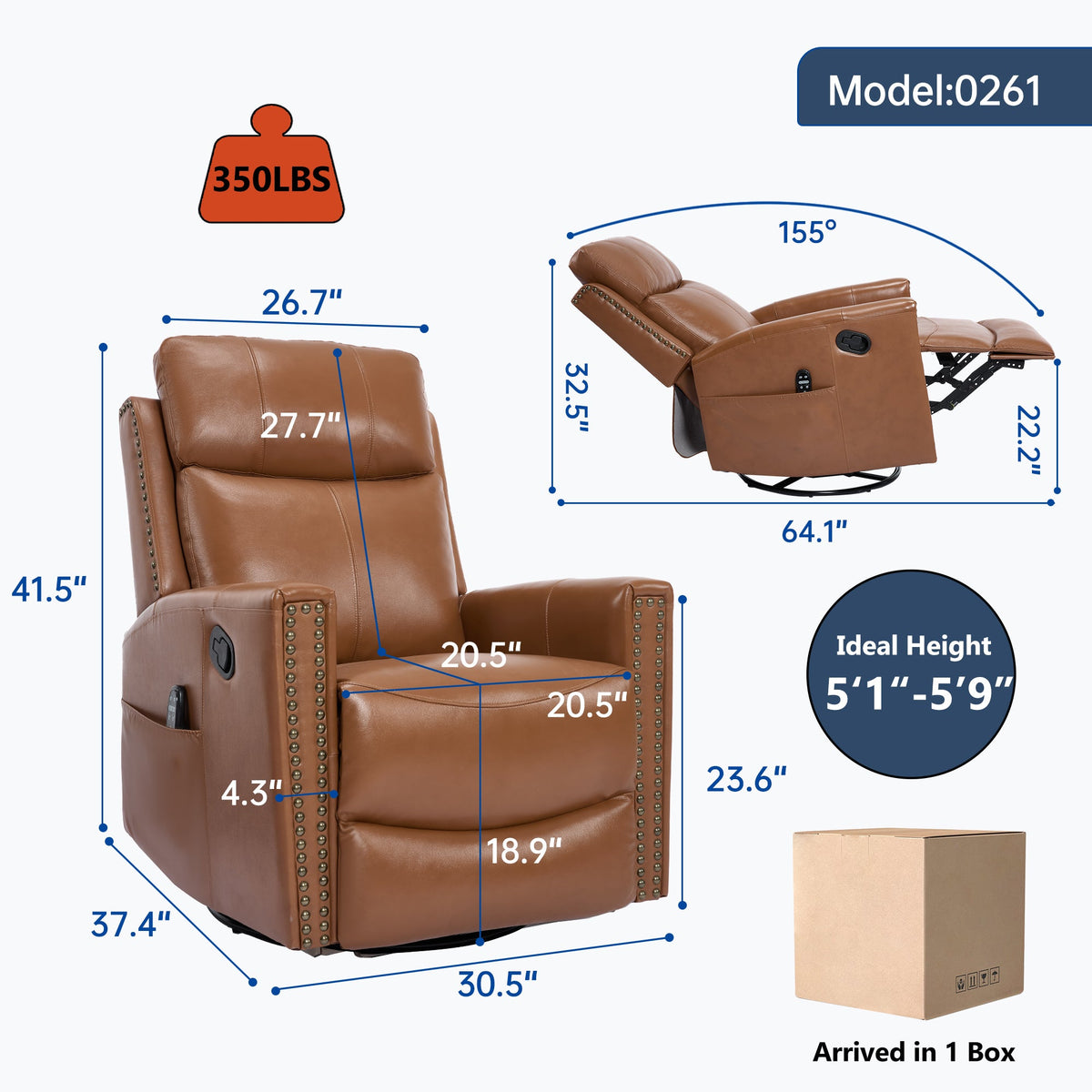 Genuine Leather Swivel Massage Recliner with Lumbar Heat