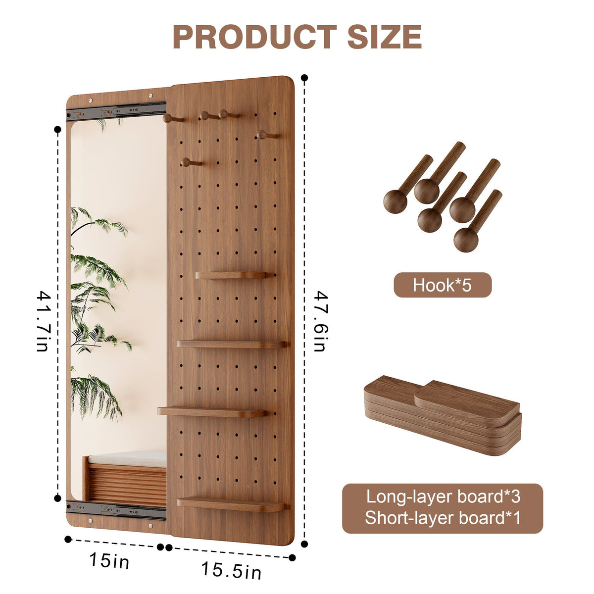 Wall-Mounted Wood Storage Mirror with Shelf & Hook