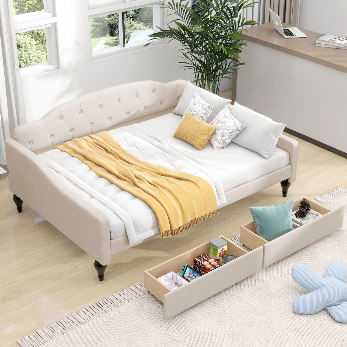 Tufted Upholstered Full-Size Daybed | Beige