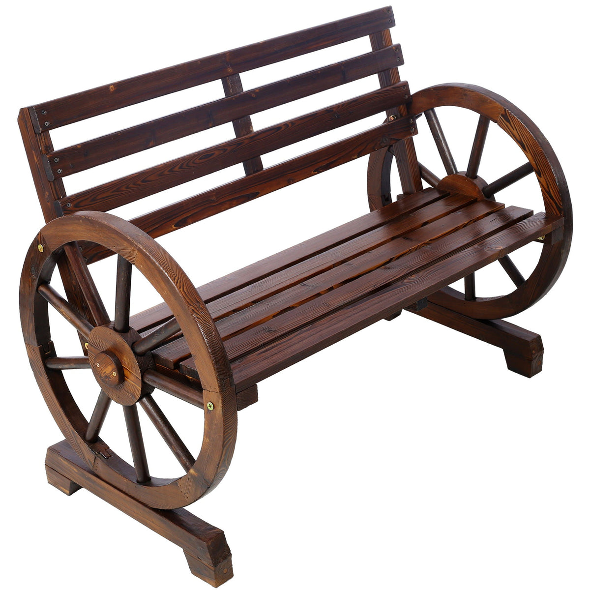 Wagon Wheel Fir Wood Garden Bench | Dark Brown, Two-Seater