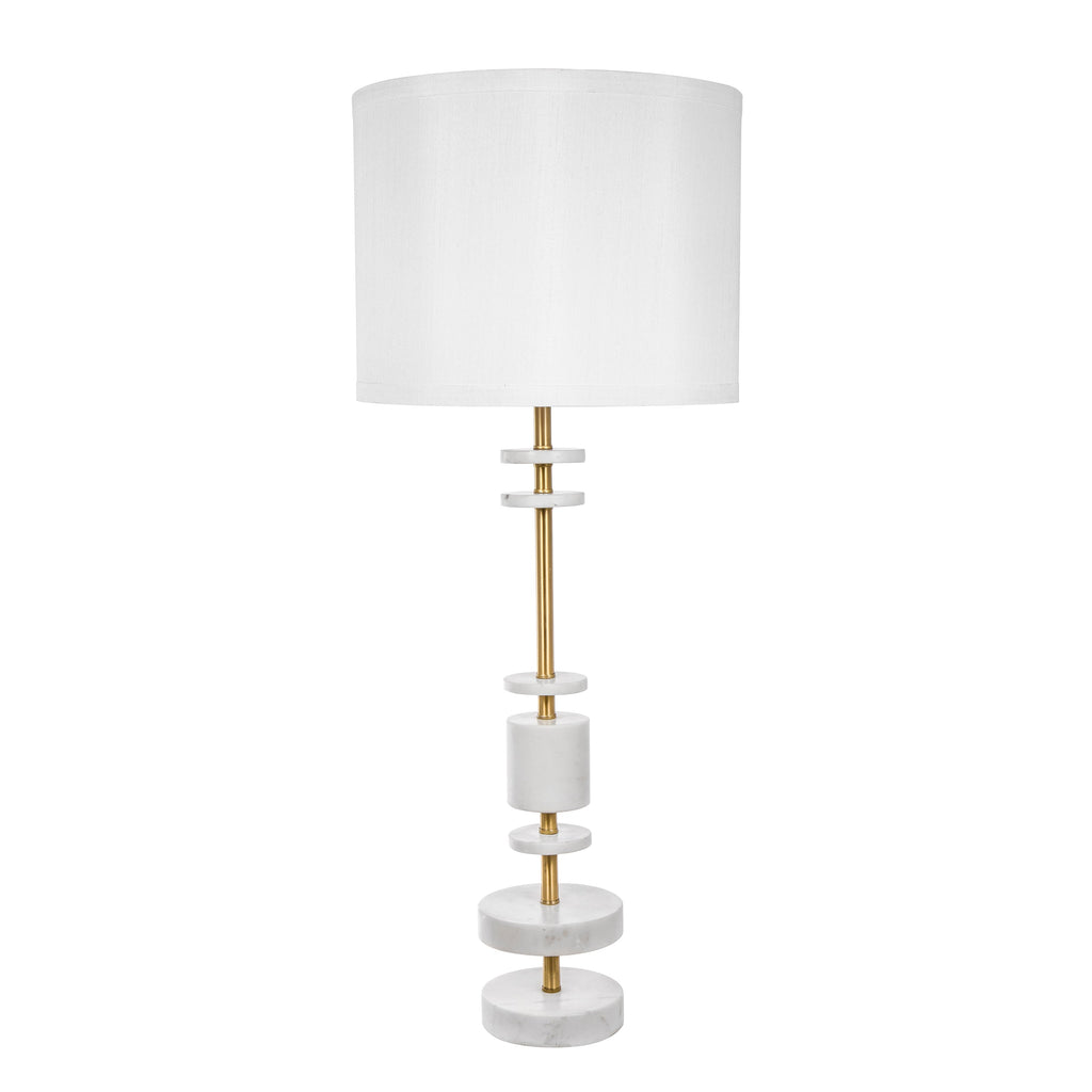 White Marble Table Lamp with Brass Frame and Drum Shade - White