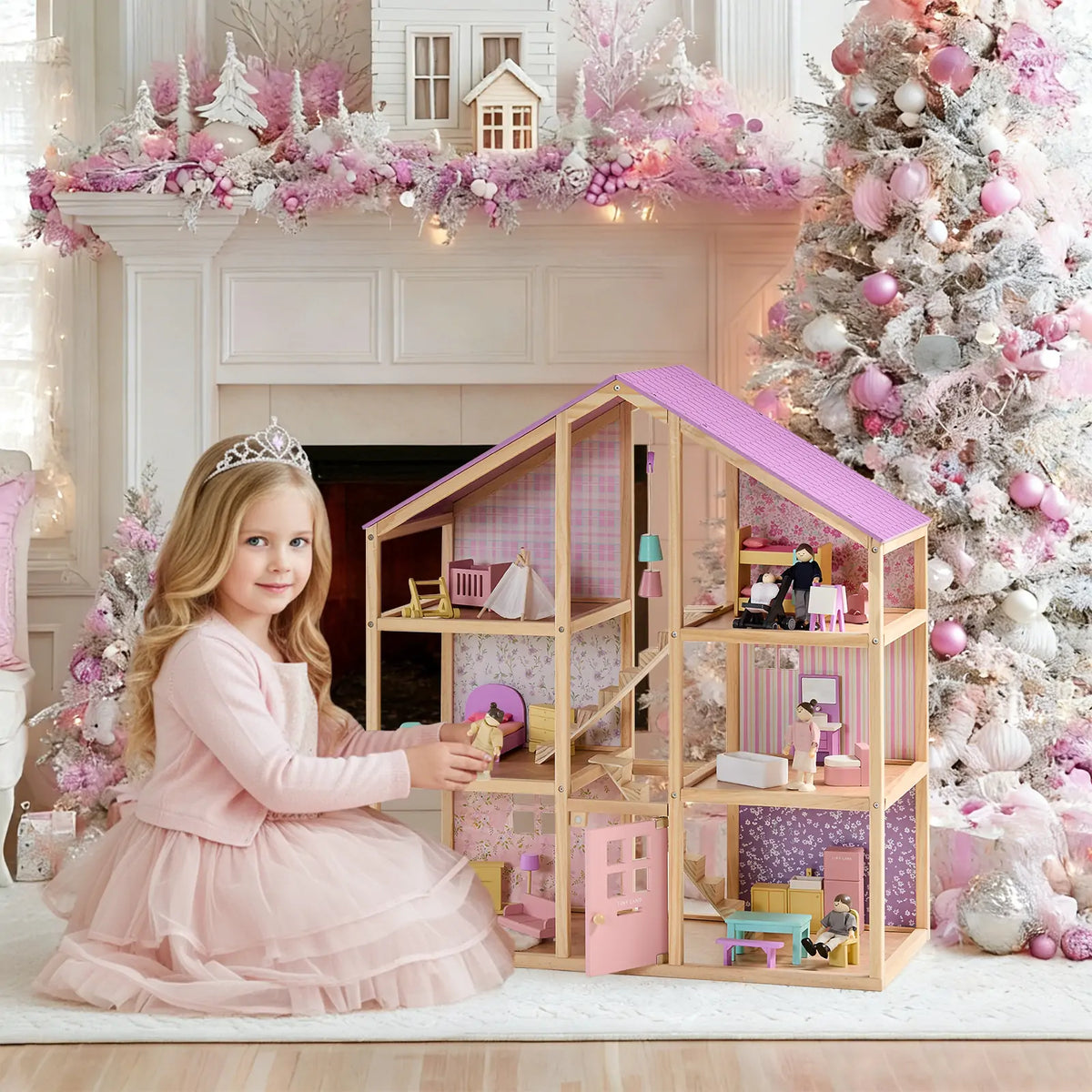 Tiny Land® Sweetwood Wooden Dollhouse with 30 Furniture Pieces