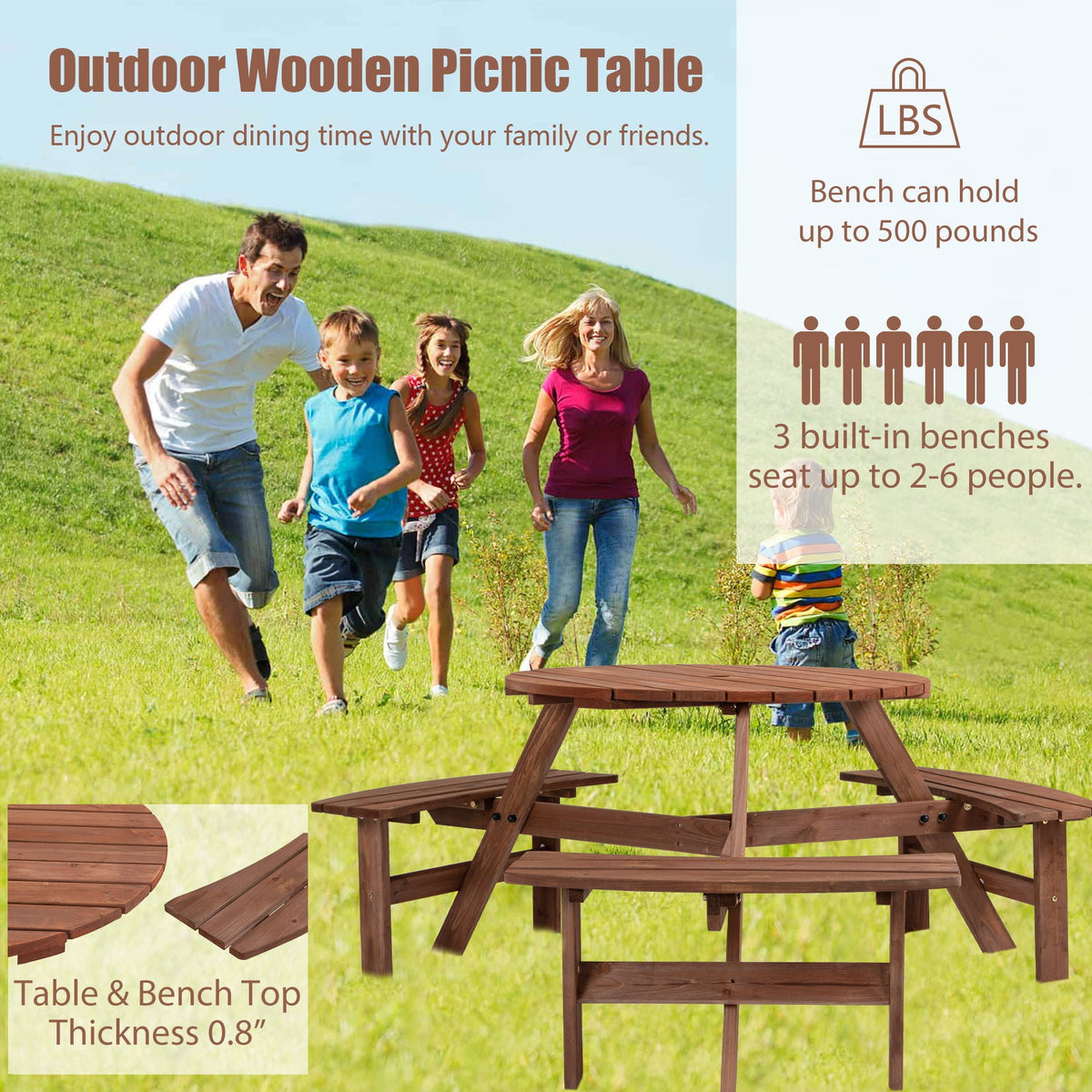 Round Fir Wood Picnic Table with Three Benches | Seats 6