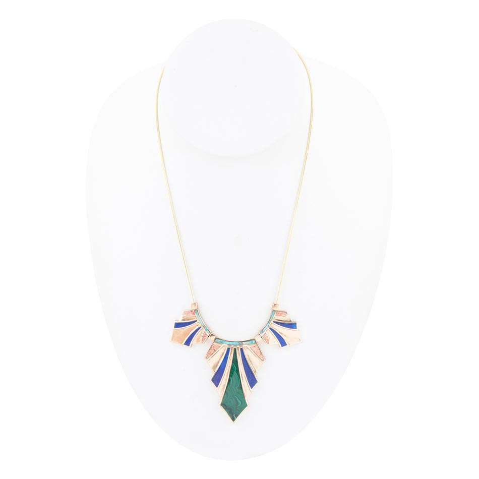 Art Deco Colorful Inlaid Golden Statement Necklace