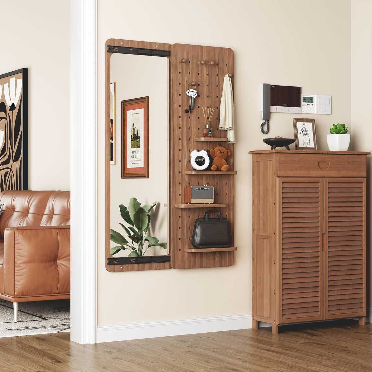 Wall-Mounted Wood Storage Mirror with Shelf & Hook