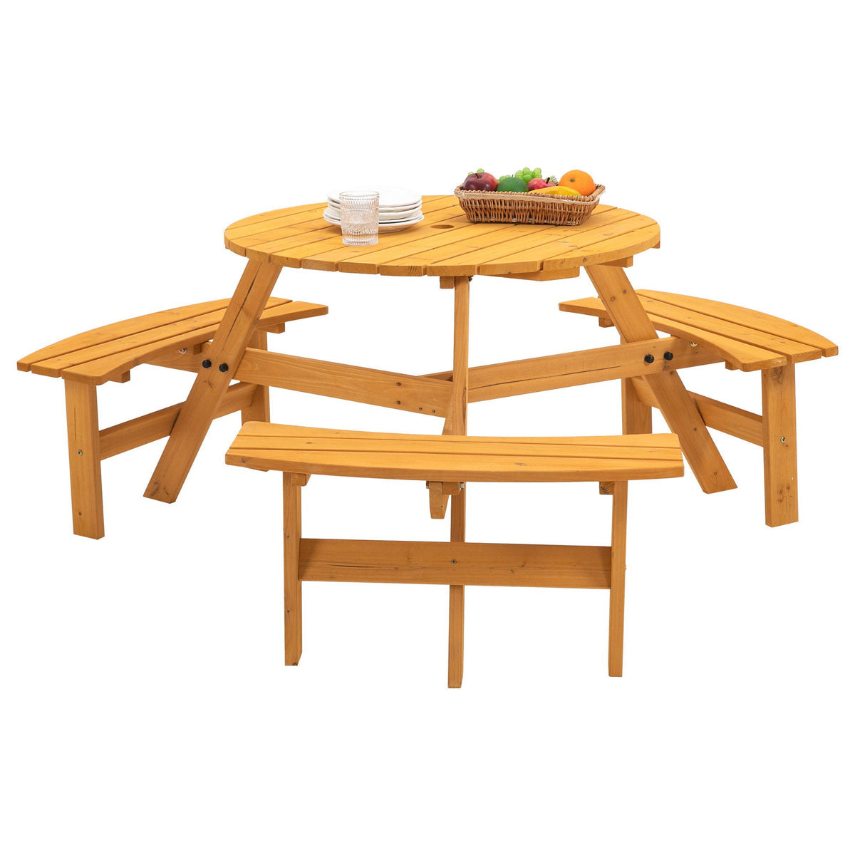 Round Fir Wood Picnic Table with Three Benches | Seats 6