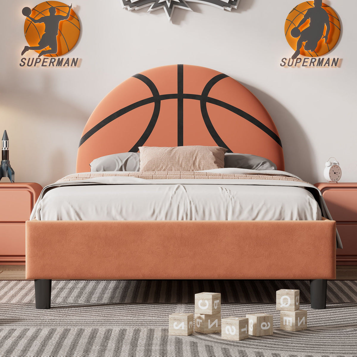 Basketball Upholstered Twin Platform Bed | Orange