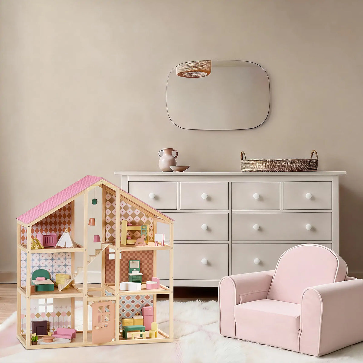 Tiny Land® Sweetwood Pegasus Dollhouse & Wooden Family Set