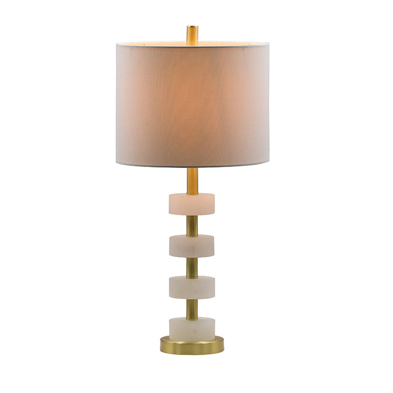 Marble Table Lamp with Brass Frame and White Fabric Shade - White + Gold