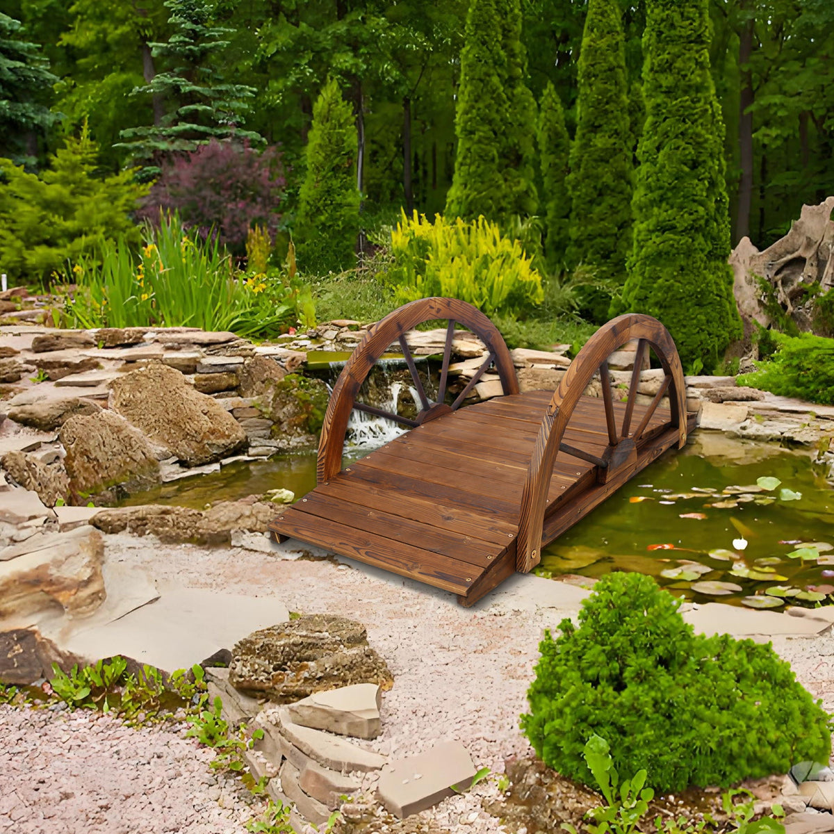 Arched Fir Wood Garden Bridge | Brown