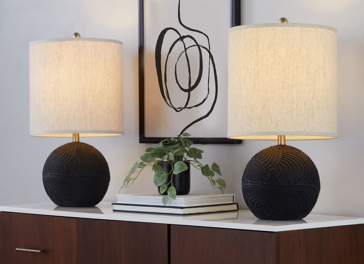 Contemporary Table Lamp Set with Linen Drum Shade - Matte Black / Natural