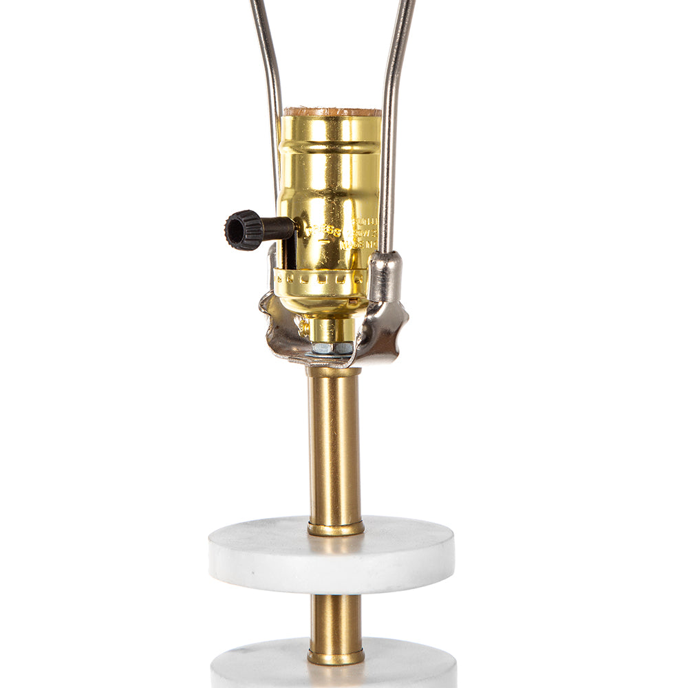 White Marble Table Lamp with Brass Frame and Drum Shade - White