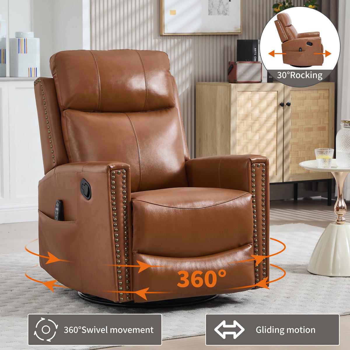 Genuine Leather Swivel Massage Recliner with Lumbar Heat