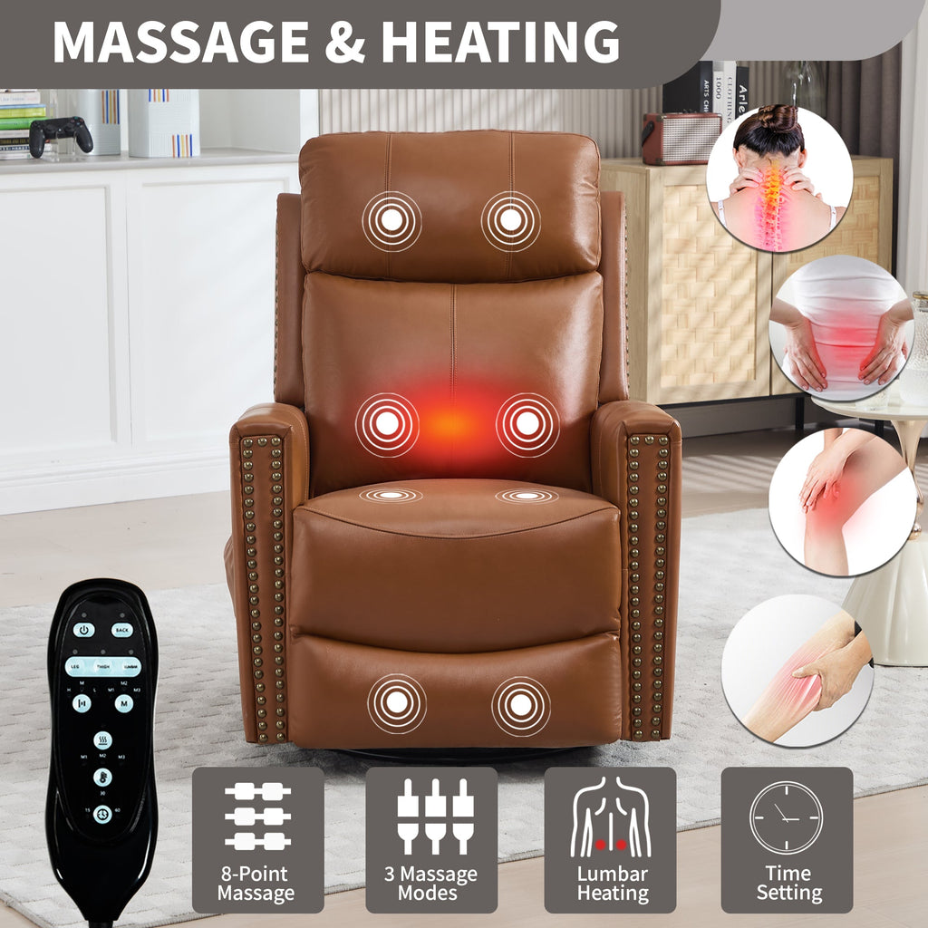 Genuine Leather Swivel Massage Recliner with Lumbar Heat