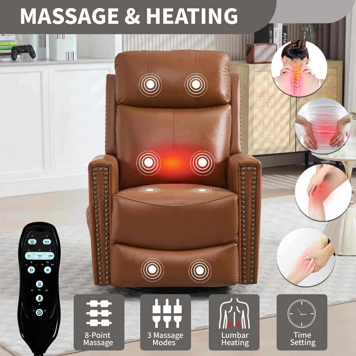 Genuine Leather Swivel Massage Recliner with Lumbar Heat