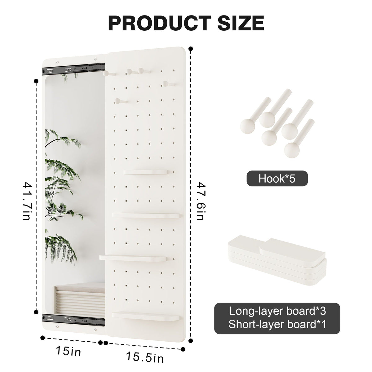 Wall-Mounted Wood Storage Mirror with Shelf & Hook