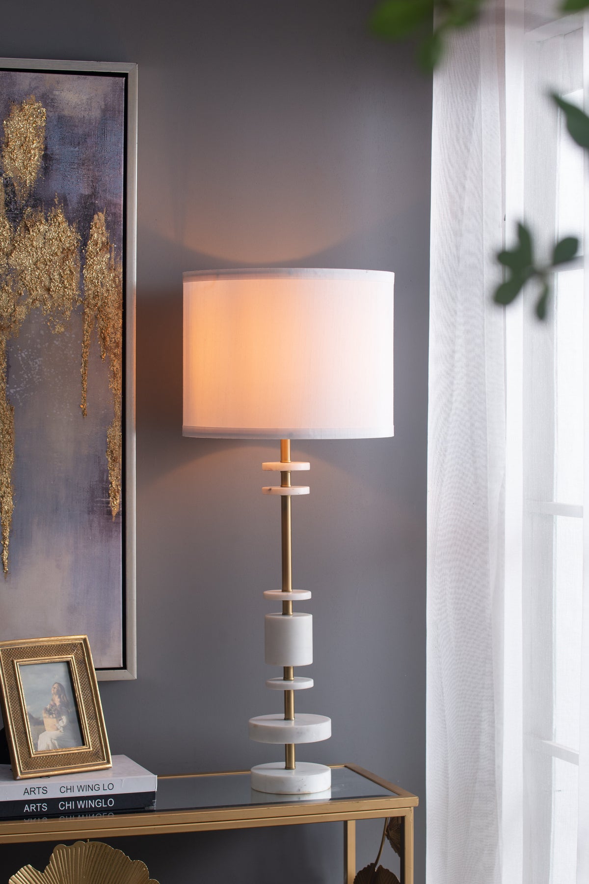 White Marble Table Lamp with Brass Frame and Drum Shade - White