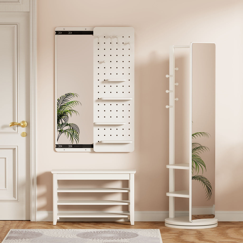 Wall-Mounted Wood Storage Mirror with Shelf & Hook