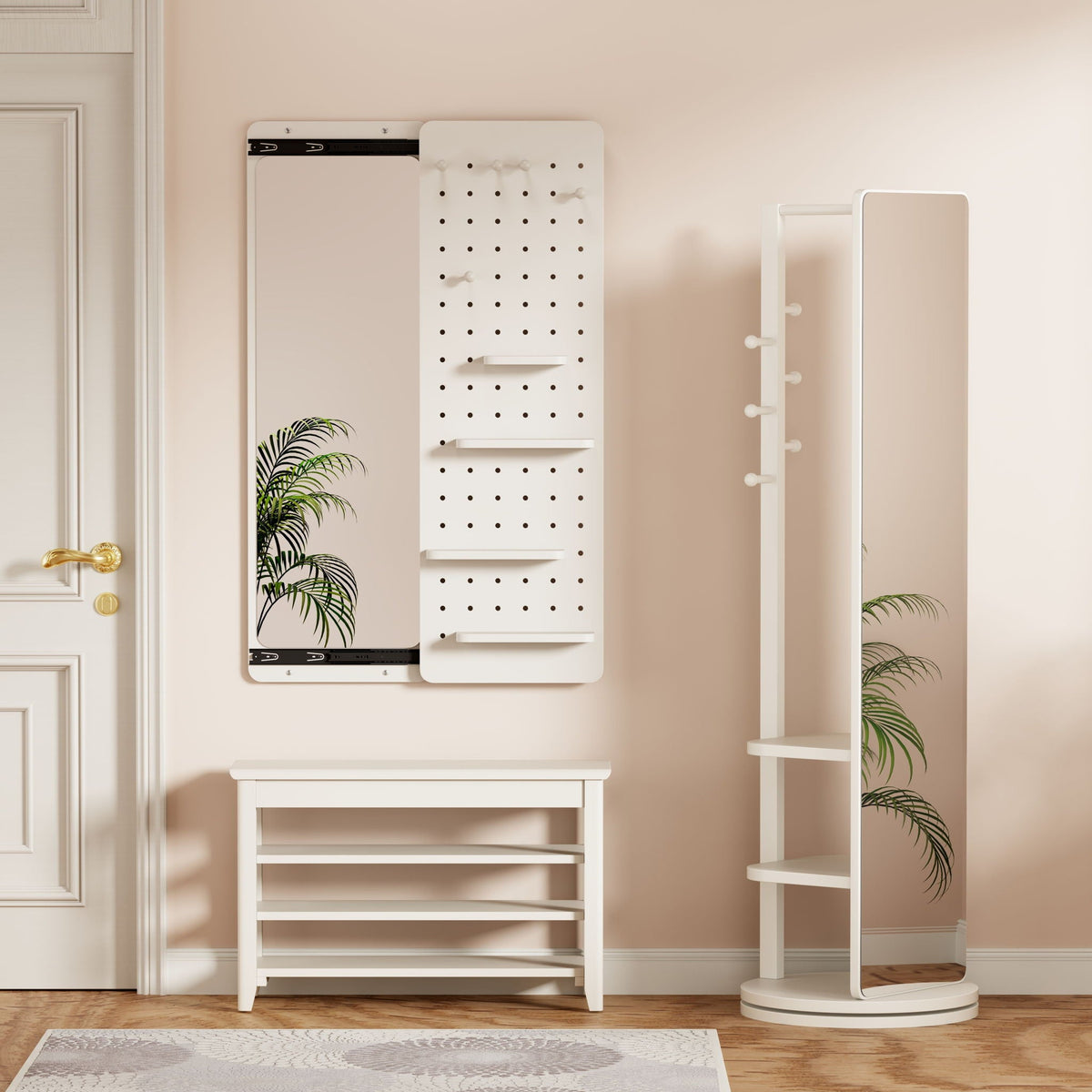 Wall-Mounted Wood Storage Mirror with Shelf & Hook