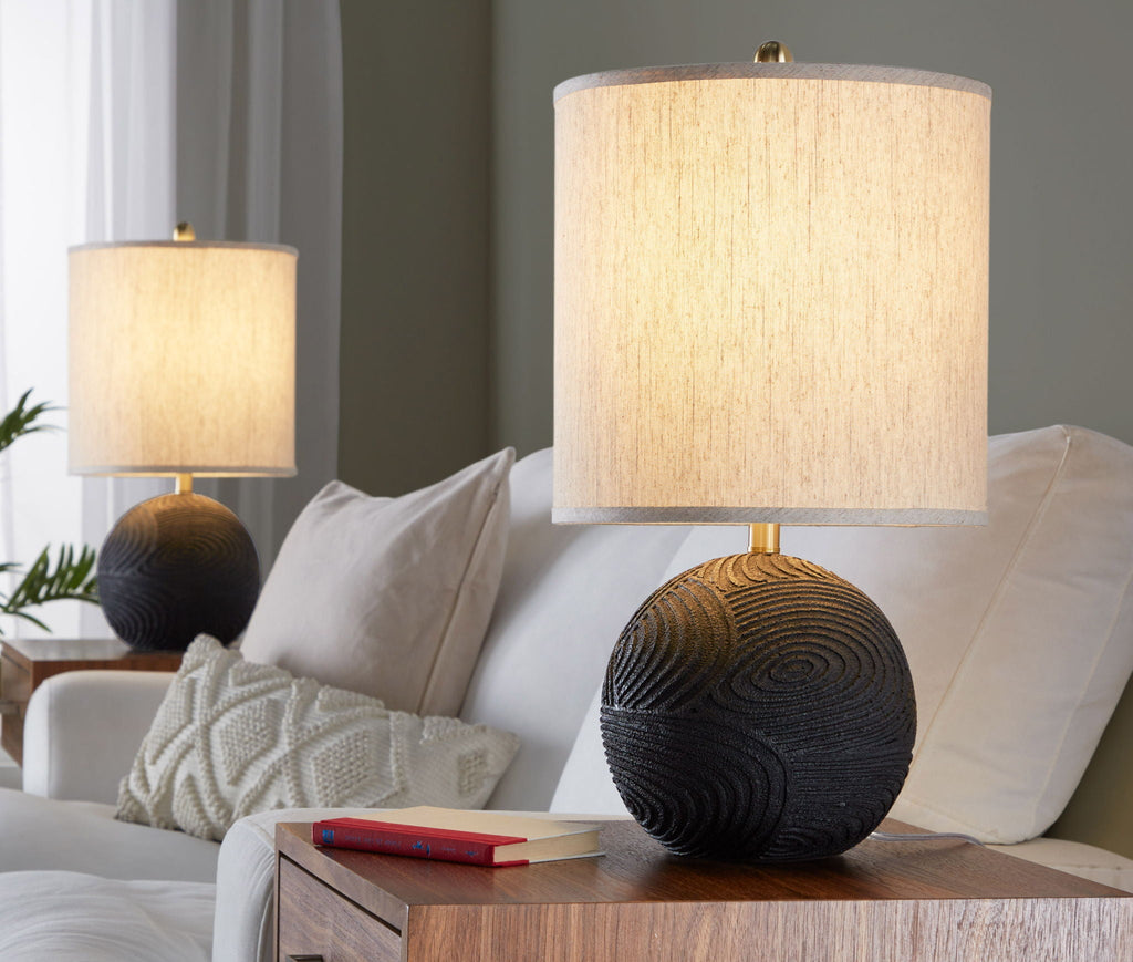 Contemporary Table Lamp Set with Linen Drum Shade - Matte Black / Natural