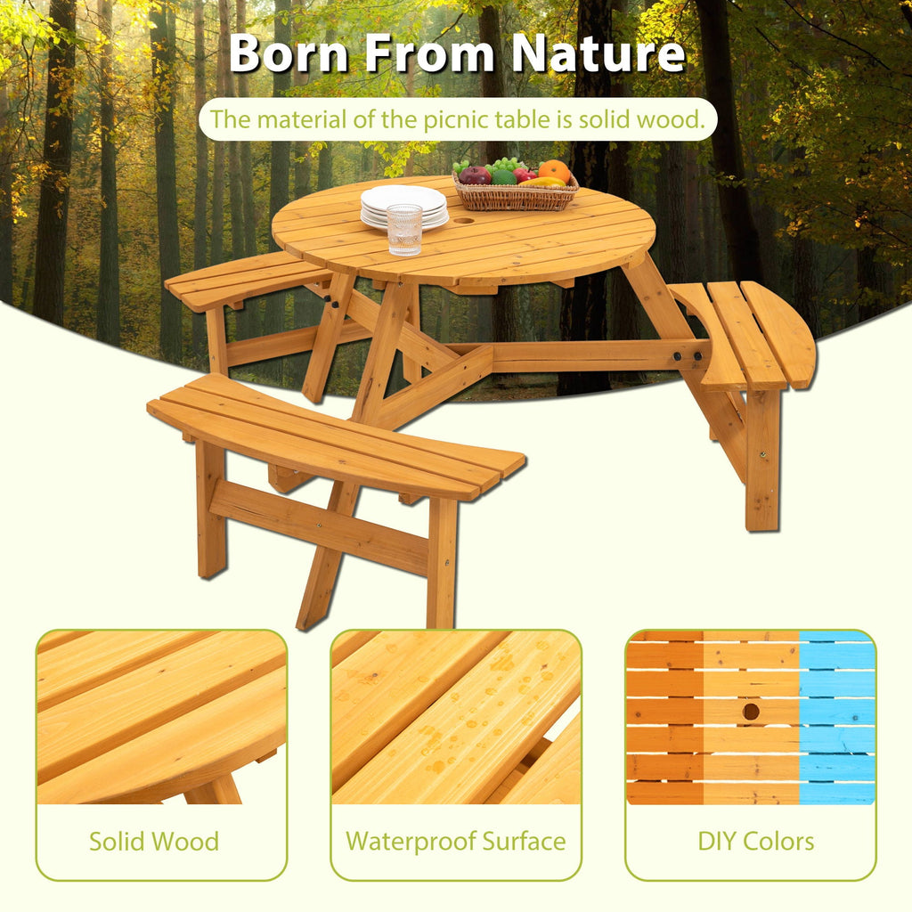 Round Fir Wood Picnic Table with Three Benches | Seats 6
