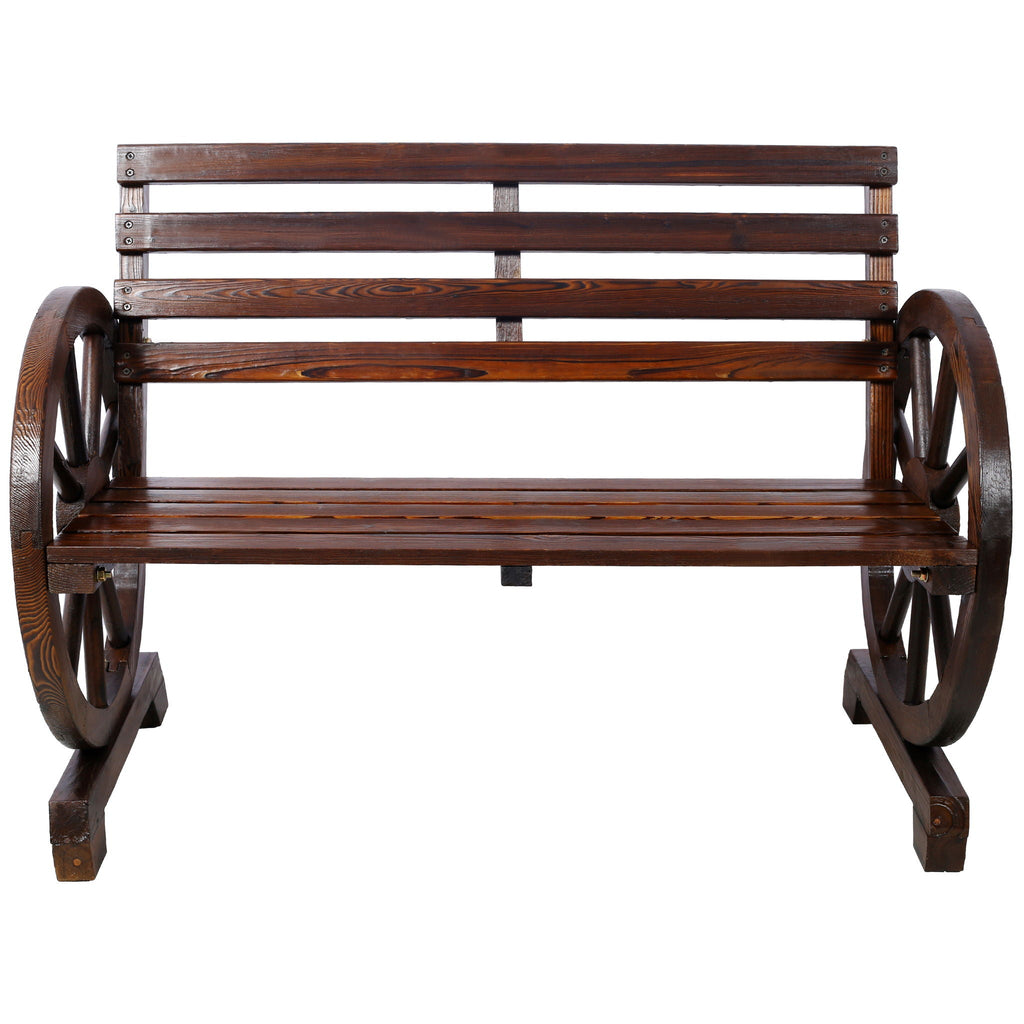 Wagon Wheel Fir Wood Garden Bench | Dark Brown, Two-Seater