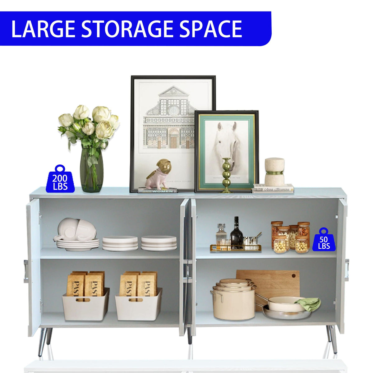 Lacquered Four-Door Sideboard with Adjustable Shelves