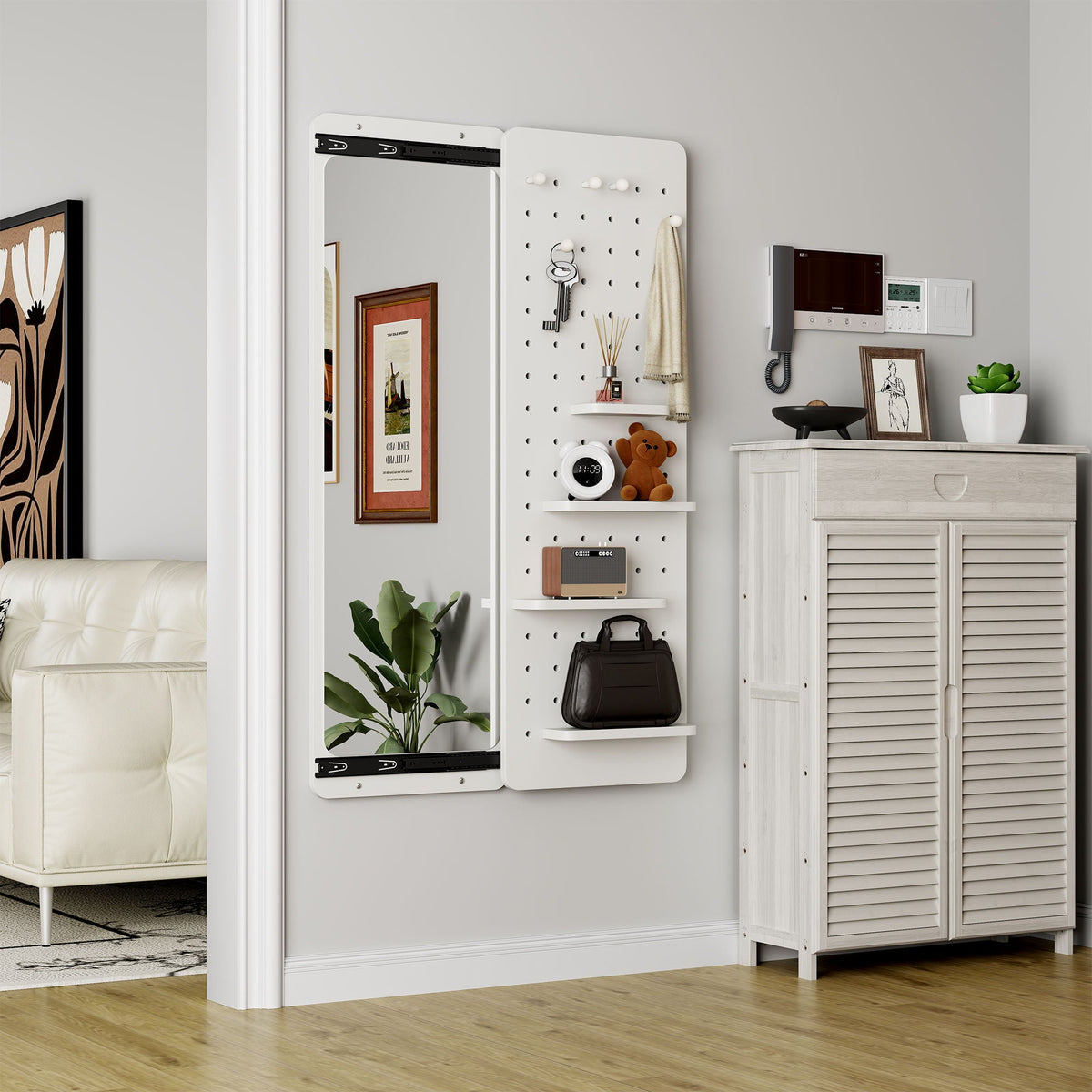 Wall-Mounted Wood Storage Mirror with Shelf & Hook