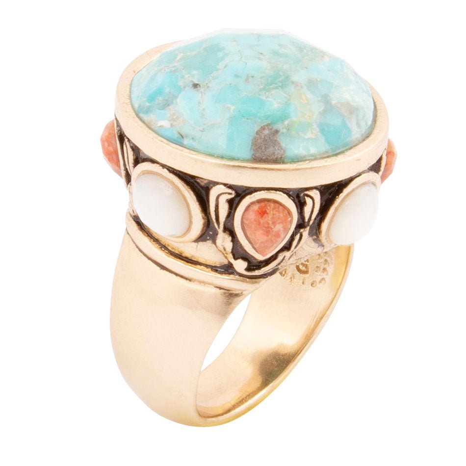 Champs Blue Turquoise and Coral Golden Statement Ring