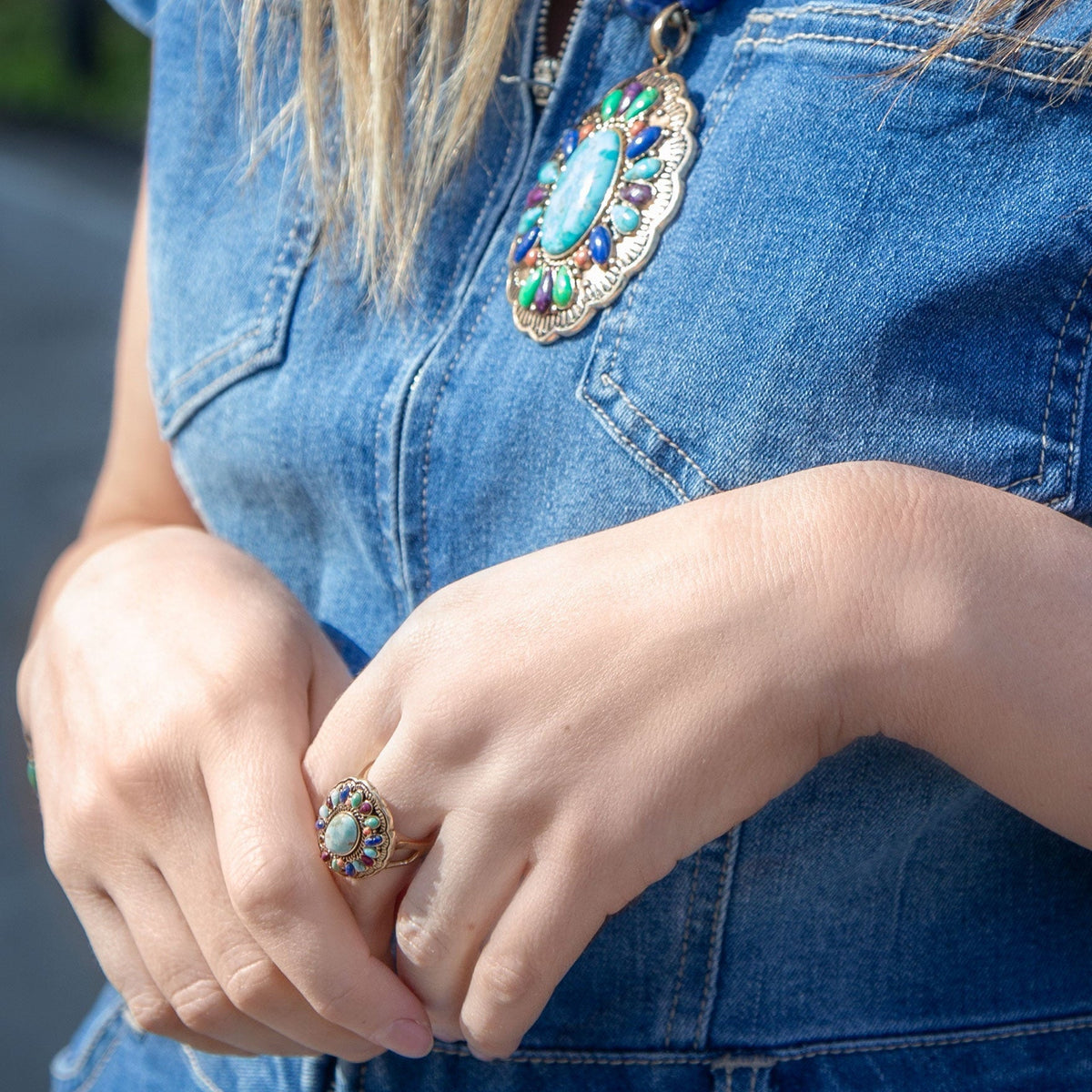 Barse Concho Multicolor Stone Statement Ring | Golden Bronze