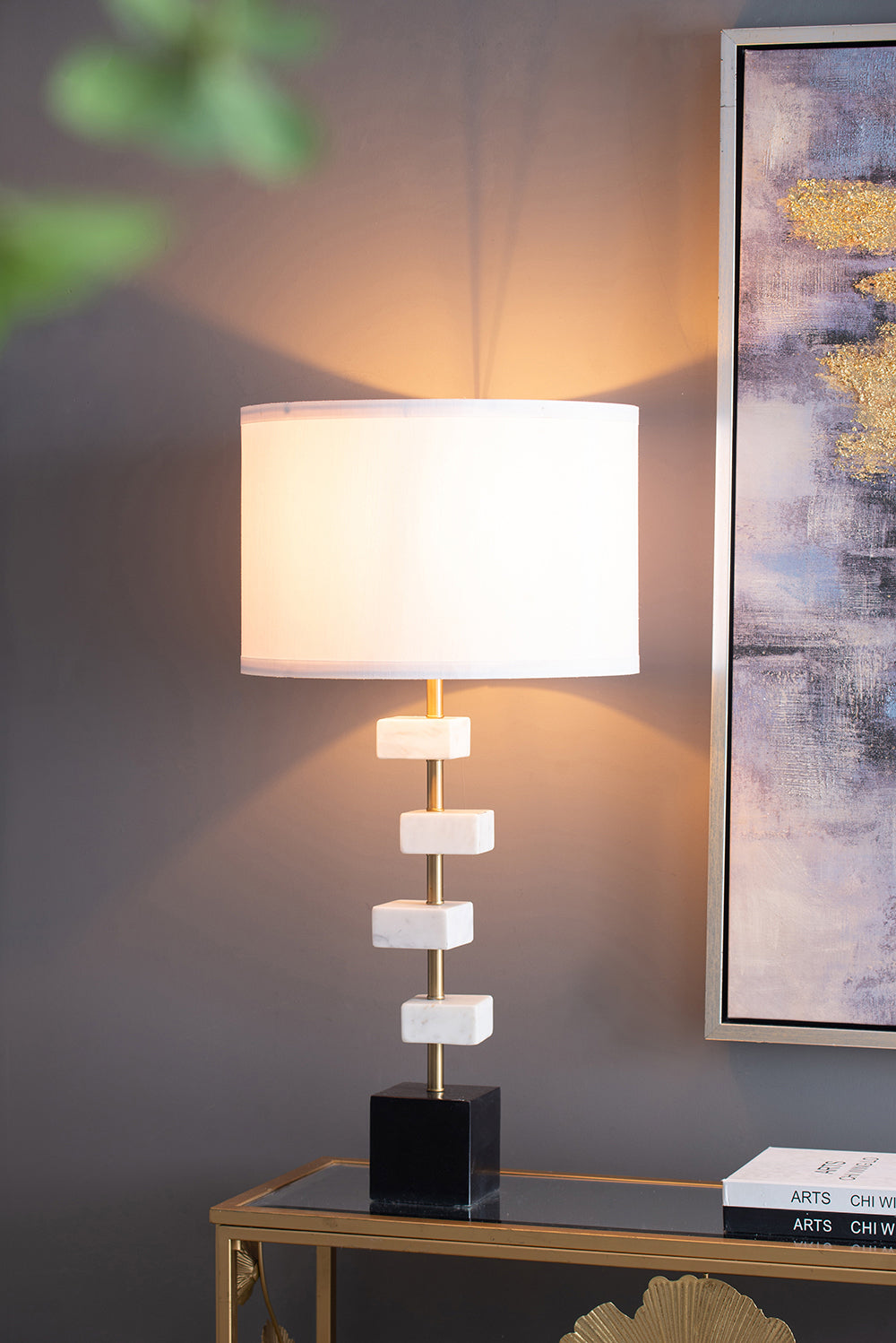 White Marble Table Lamp with Brass Frame and Fabric Shade - 15" W x 30" H