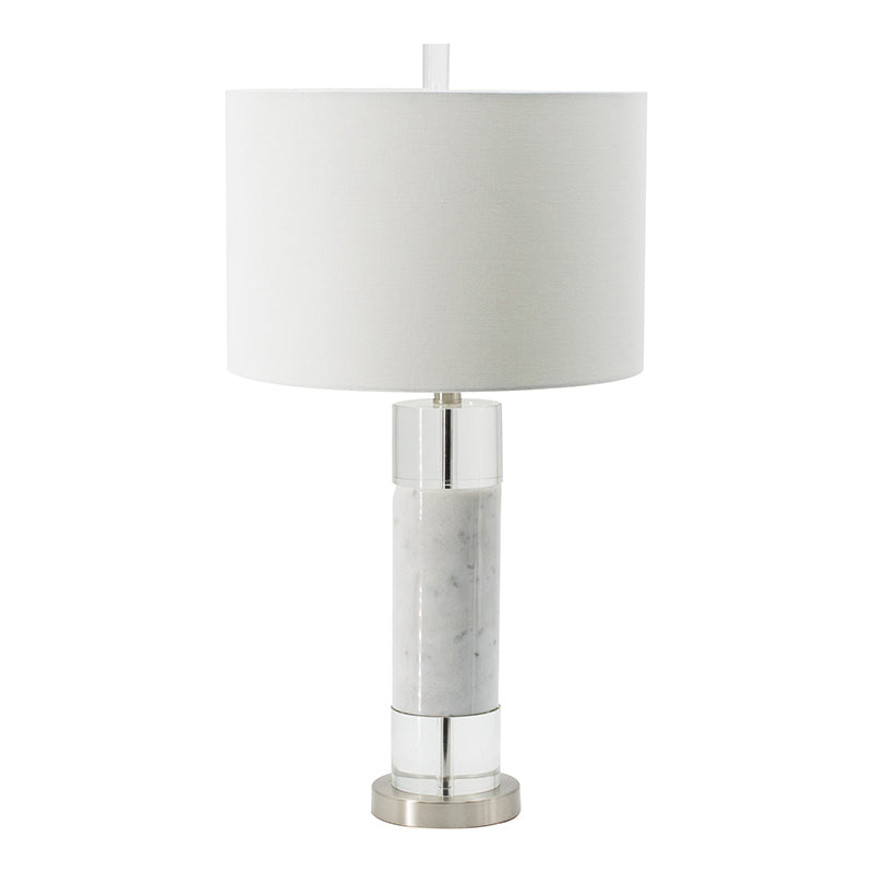Sculpted Marble & Crystal Cylinder Table Lamp with White Drum Shade - White
