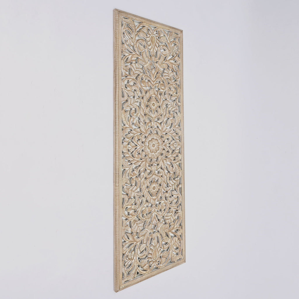 Hand-Carved Floral Mandala Wall Panel | Antique Brown & White