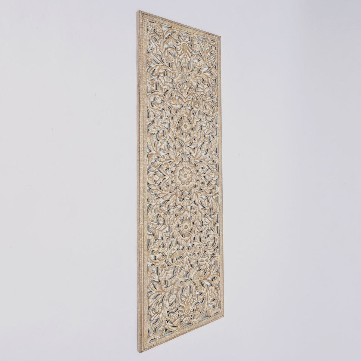 Hand-Carved Floral Mandala Wall Panel | Antique Brown & White