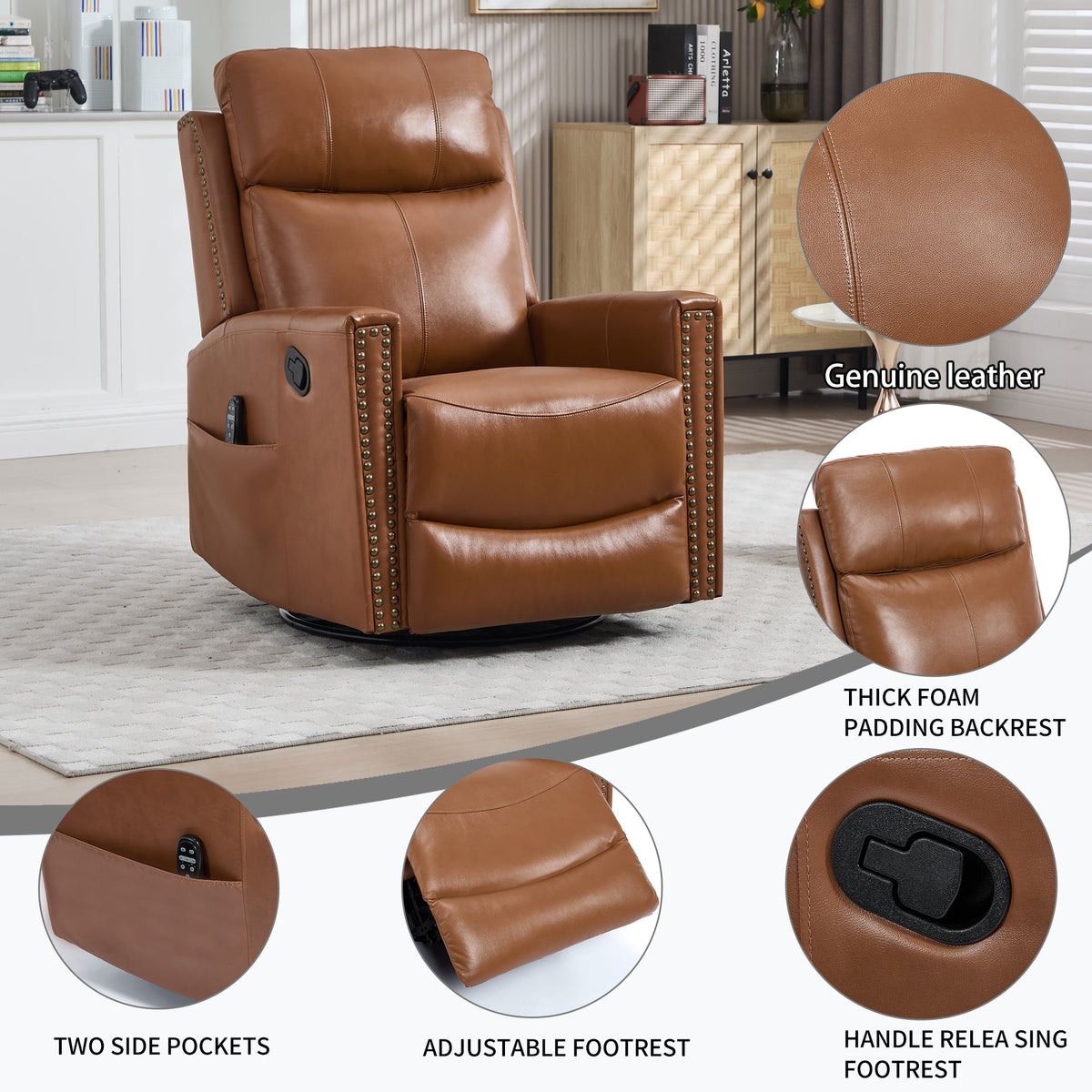 Genuine Leather Swivel Massage Recliner with Lumbar Heat