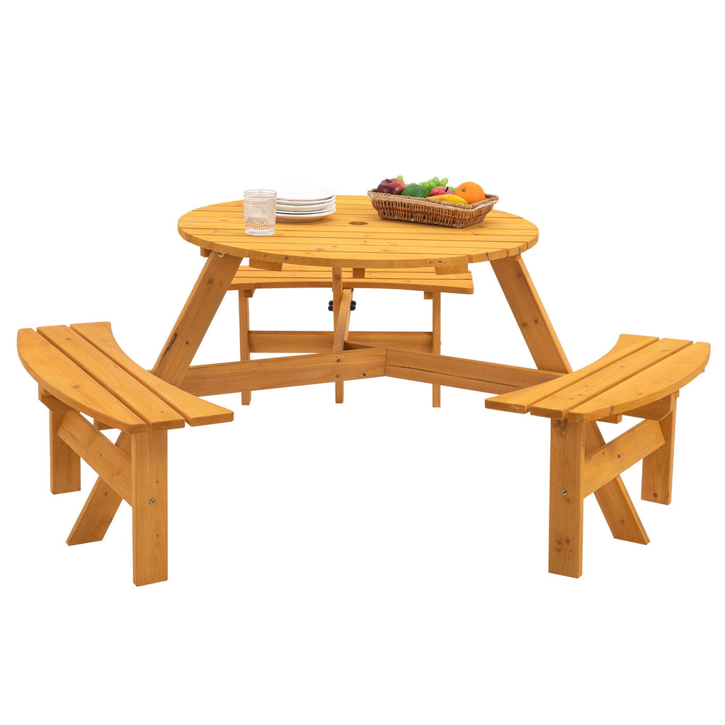 Round Fir Wood Picnic Table with Three Benches | Seats 6