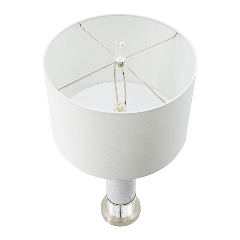 Sculpted Marble & Crystal Cylinder Table Lamp with White Drum Shade - White